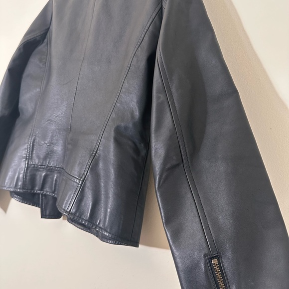 Eileen Fisher Leather black moto biker jacket Asymmetrical zip size small - Picture 12 of 16